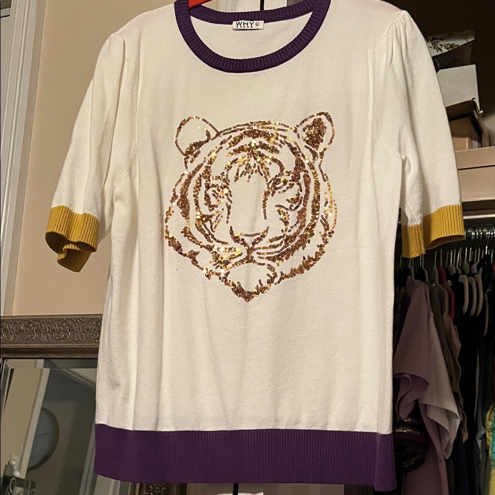 Sparkle sequin LSU Tiger Graphic Shirt - White, Purple, and Gold